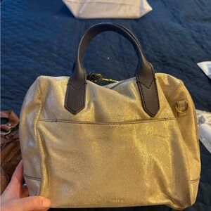 Fossil Gold Satchel with Brown Handles